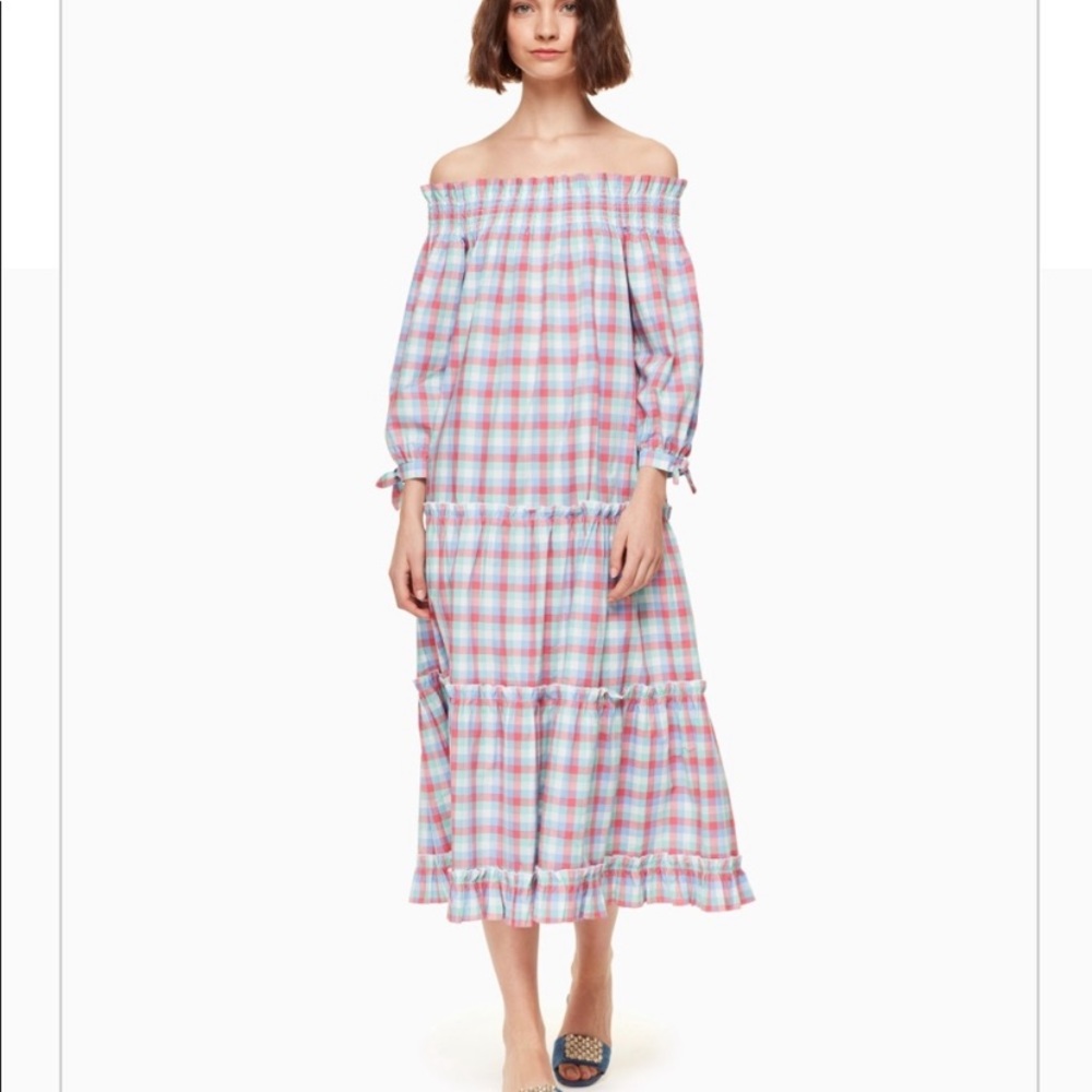 Kate Spade Pink and Blue Plaid Off-Shoulder Midi Dress - Picture 8 of 9